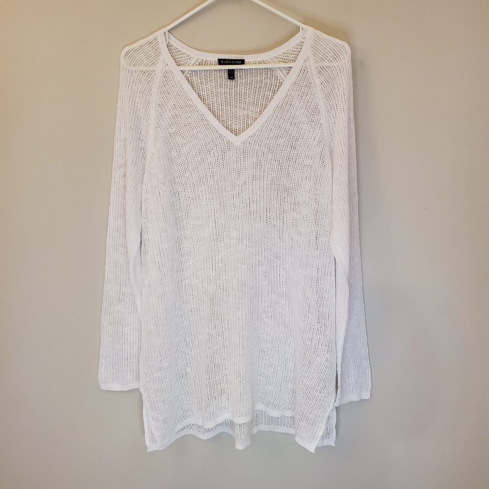 Eileen Fisher White Linen/Cotton V-neck Sweater